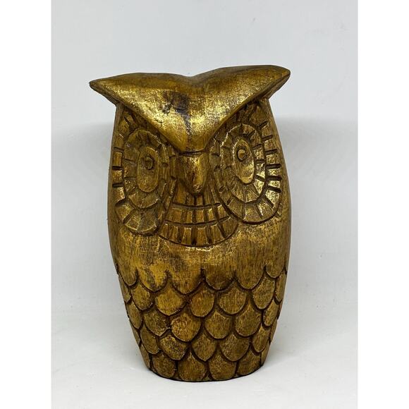 Solid Wood Hand Carved Owl Painted Gold With Black Felt bottom Green Front - Picture 1 of 9
